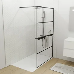 Cuisibane Paroi de douche noir mat avec porte-serviette et tablette DARKY 110 cm