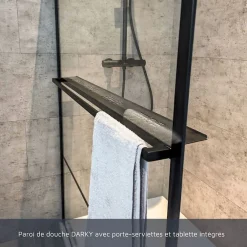 Cuisibane Paroi de douche noir mat avec porte-serviette et tablette DARKY 110 cm