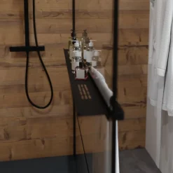 Cuisibane Paroi de douche noir mat avec porte-serviette et tablette DARKY 110 cm