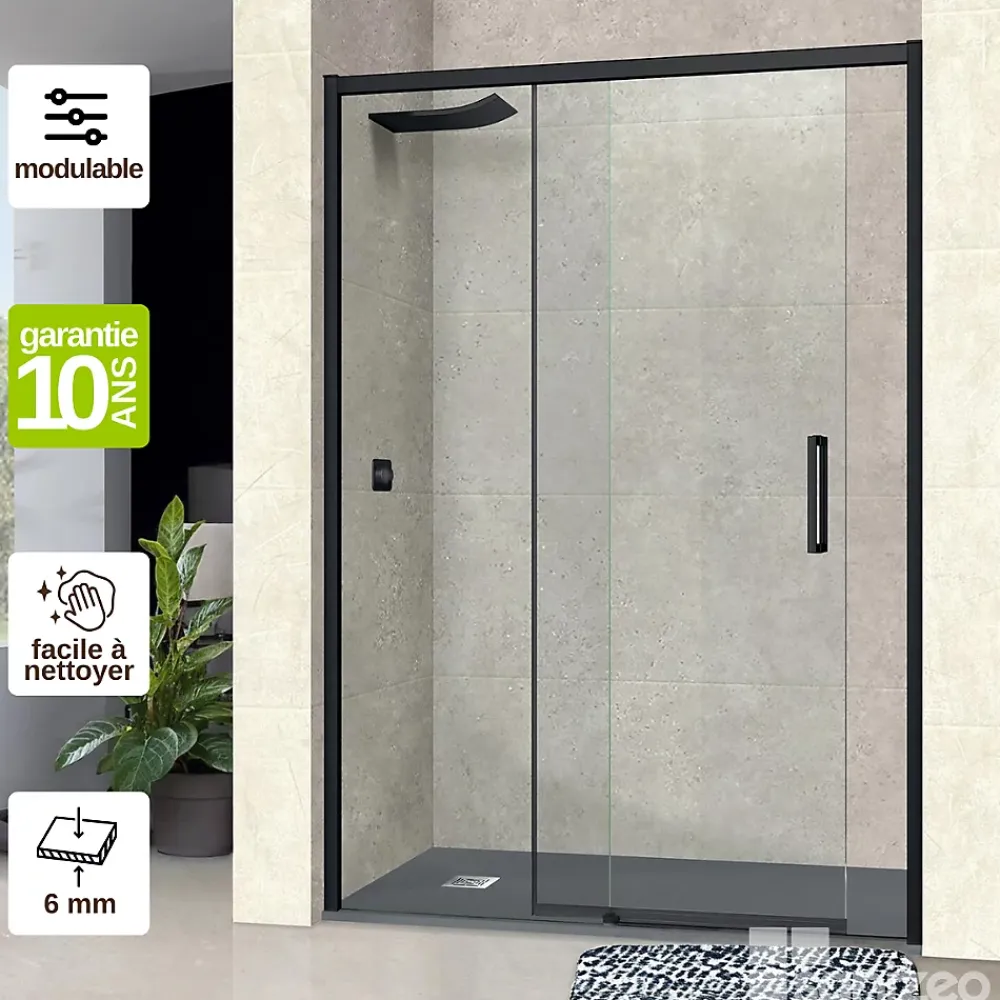 Porte De Douche|Superban Paroi de douche porte coulissante DROITE en verre ép 6mm L160/164xH195 cm - profilé noir mat - Vézannes 2P