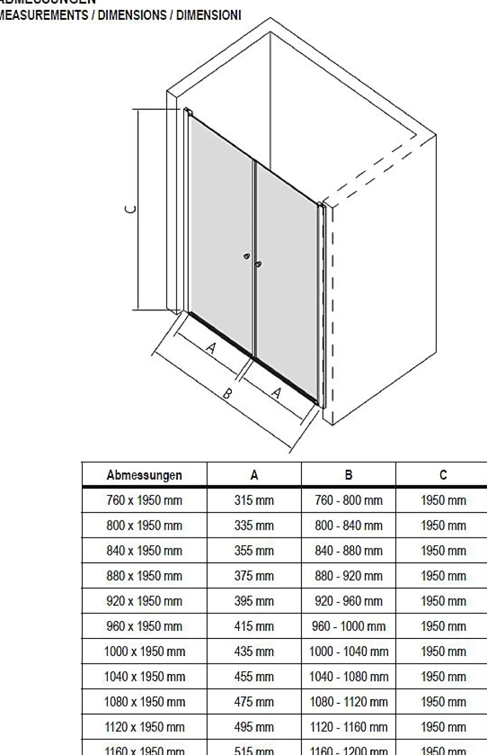Bernstein Paroi de douche Profil noir mat 88x195cm en verre 6mm, Cabine de douche niche encastrée 2 portes battantes - NT218