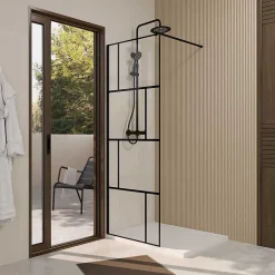 Aurlane Paroi de Douche Serigraphie Briques 70x195cm - Verre Anticalcaire 8mm - Profilé Noir Mat