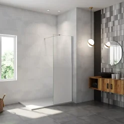 Paroi de douche verre trempé sérigraphié Brume en 8 mm verre - 50 x 200 cm - Profilés chrome avec barre de fixation 90cm