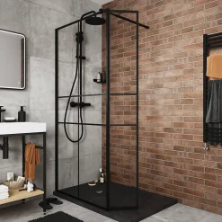 Paroi de douche walk in et volet verre transparent profilé noir 90 + 28 cm, GoodHome Ahti