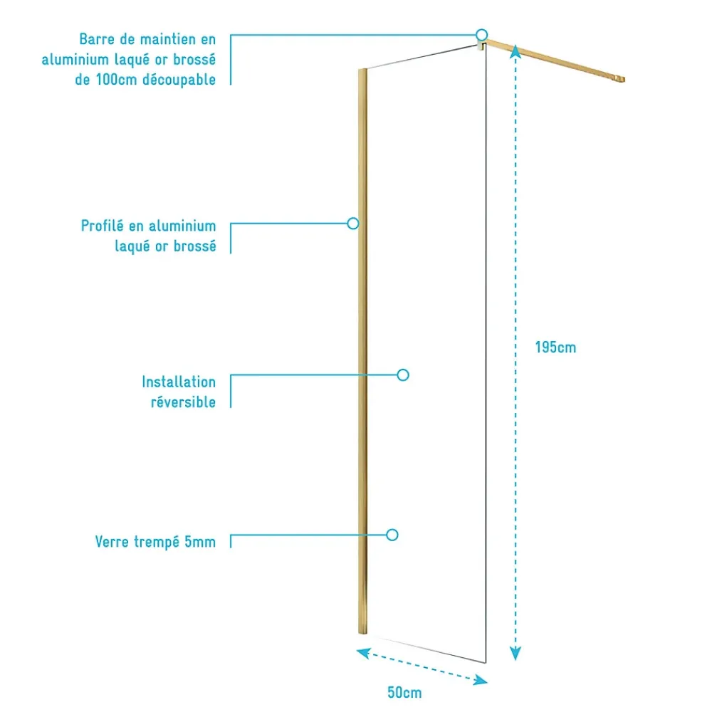 Aurlane Paroi de Douche 50x195 cm en Verre Trempé 5 mm - Finition Or Brossé - GOLD ELEMENTARY