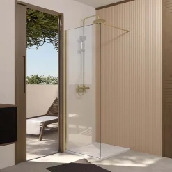 Paroi De Douche|Aurlane Paroi de Douche 70x195 cm en Verre Trempé 5 mm - Finition Or Brossé - GOLD ELEMENTARY