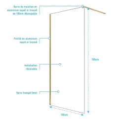 Aurlane Paroi de Douche 100x195 cm en Verre Trempé 5 mm - Finition Or Brossé - GOLD ELEMENTARY