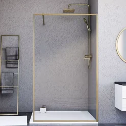 Paroi De Douche|Essebagno Paroi de douche 120x200 cm verre anticalcaire 6mm avec barre de fixation et cadre complet en aluminium Or Brossé Square