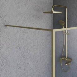 Paroi De Douche|Essebagno Paroi de douche 120x200 cm verre anticalcaire 6mm avec barre de fixation et cadre complet en aluminium Or Brossé Square