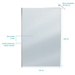 Paroi De Douche|Aurlane Paroi de Douche 140x200cm Verre Fumé 8mm - Barre de Fixation Extensible et Profil Chrome
