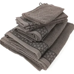 Serviette De Bain|Linnea Parure de bain 7 pièces collection OSAKA motif fleurs pur coton marron