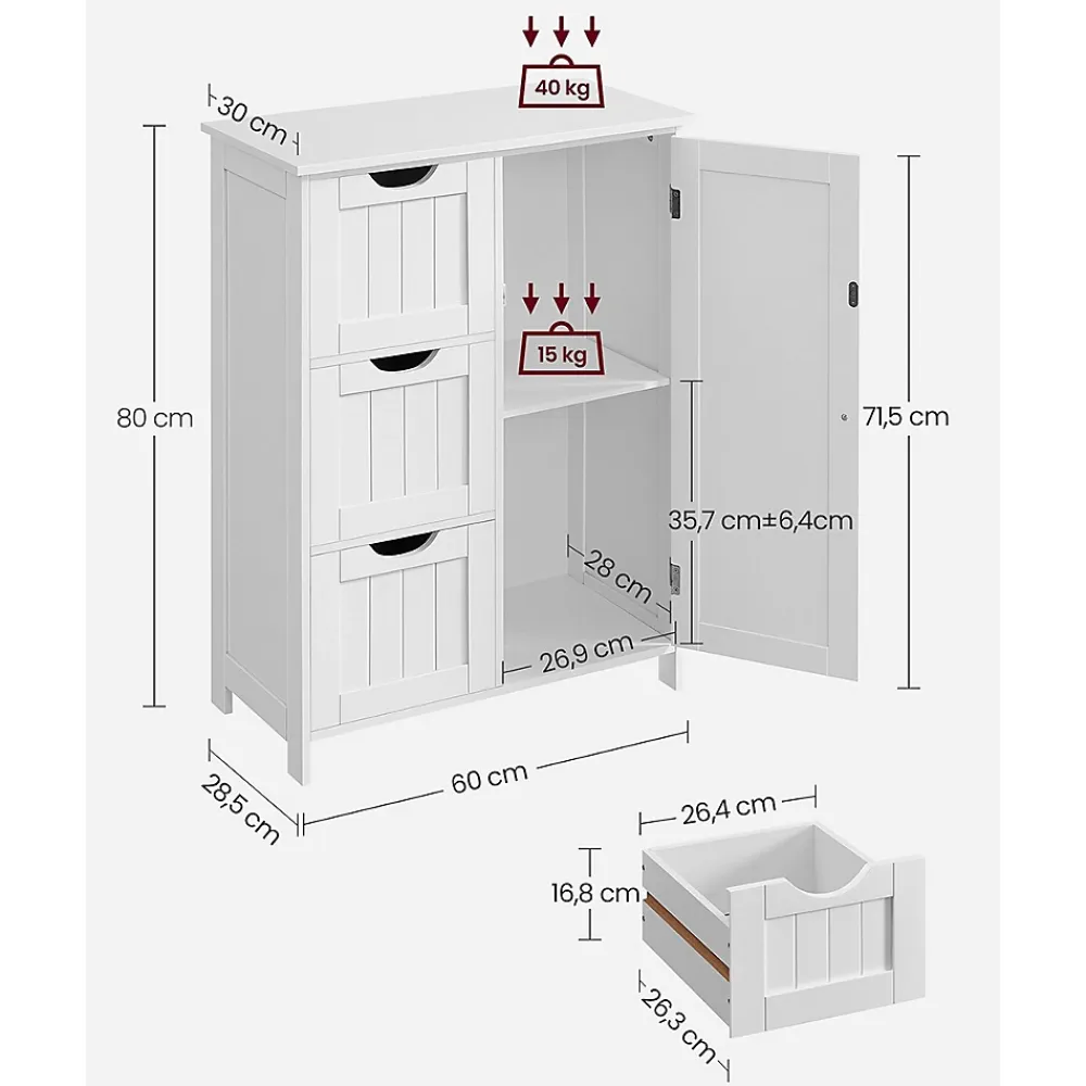 Calicosy Petit meuble de rangement 1 porte et 3 tiroirs blanc - L60 cm
