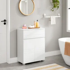 Etagère Salle De Bains|Calicosy Petit meuble de rangement 1 tiroir et 2 portes blanc laqué - H80 cm
