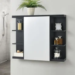 [En.Casa] Placard Mural Harstad de Salle de Bain Porte avec Miroir 64 x 80 x 20 cm Noir en.casa