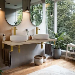 Plan De Travail Salle De Bains|T-Bath Plan de toilette 121x49x3 cm hydrofuge placage orme naturel avec supports or