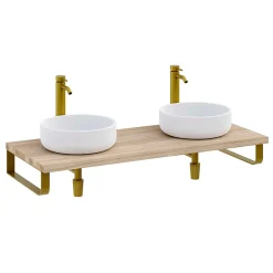 Plan De Travail Salle De Bains|T-Bath Plan de toilette 121x49x3 cm hydrofuge placage orme naturel avec supports or
