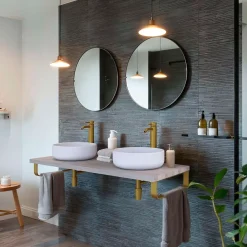 T-Bath Plan de toilette 121x49x3 cm hydrofuge placage frêne naturel avec supports or