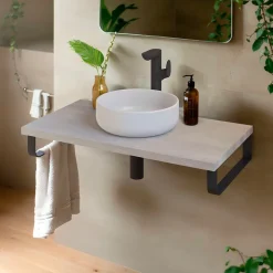 T-Bath Plan de toilette 91x49x3 cm hydrofuge placage frêne naturel avec supports noirs