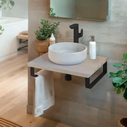 Plan De Travail Salle De Bains|T-Bath Plan de toilette 61x49x3 cm hydrofuge placage frêne naturel avec supports noirs
