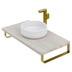 Plan De Travail Salle De Bains|T-Bath Plan de toilette 91x49x3 cm hydrofuge placage frêne naturel avec supports or