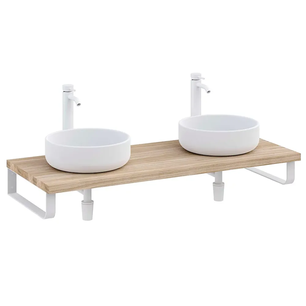 T-Bath Plan de toilette 121x49x3 cm hydrofuge placage orme naturel avec supports blancs