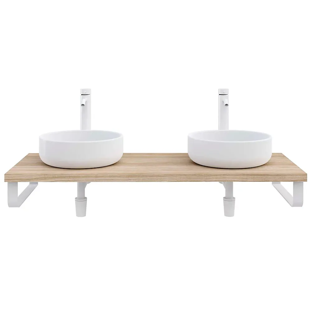 T-Bath Plan de toilette 121x49x3 cm hydrofuge placage orme naturel avec supports blancs
