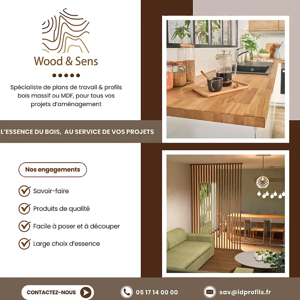 Wood&Sens Plan de travail bouleau, L.2,5 m x l.65 cm, Ep.3,6 cm