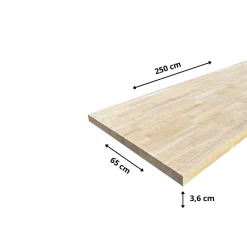 Wood&Sens Plan de travail Hévéa Massif Lamellé Collé Abouté, L.250 cm x l.65 cm, Ep.36 mm