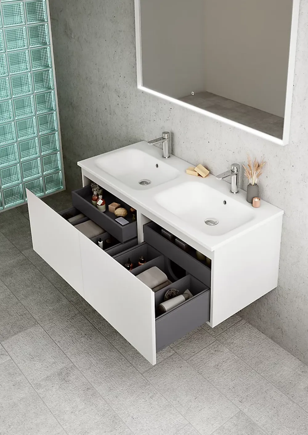 Ipiemme SRL Plan double vasque blanc brillant en résine l.120 cm, Pura+