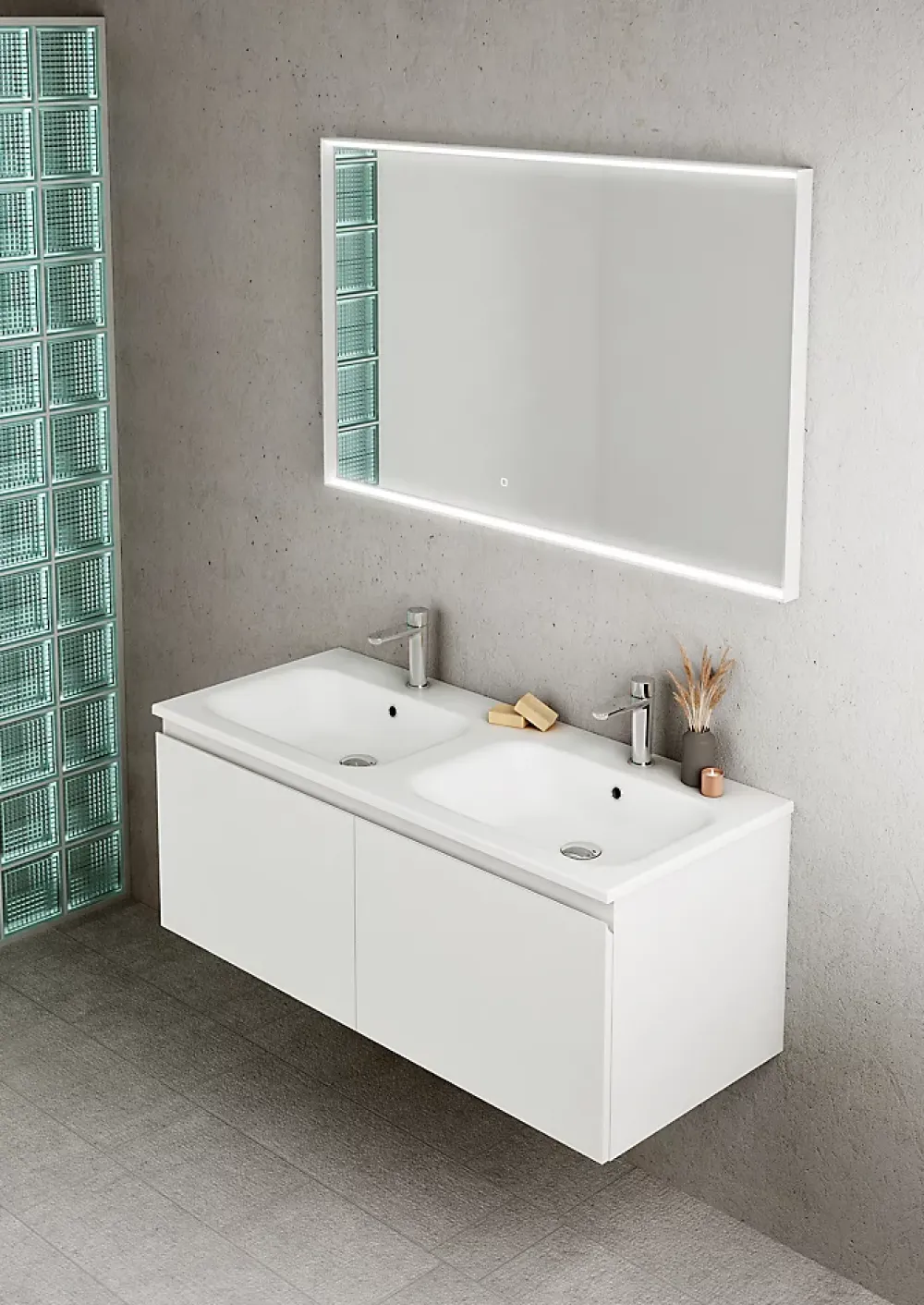 Ipiemme SRL Plan double vasque blanc brillant en résine l.120 cm, Pura+