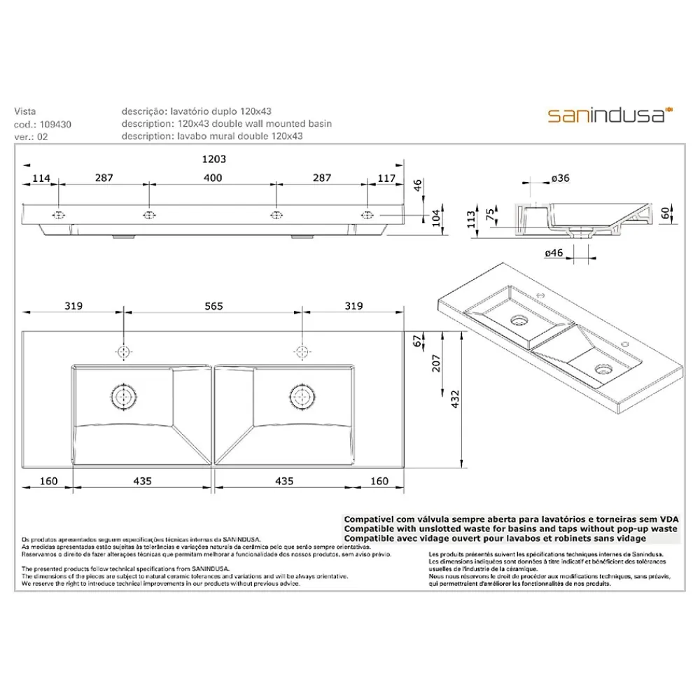 Vasque À Poser|Sanindusa Plan double vasque céramique traditionnelle rectangle fixation murale ou à poser sur plan 120x43 Vista blanc