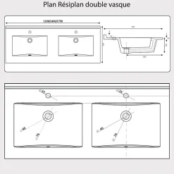 Cuisibane Plan double vasque en résine de synthèse RESIPLAN - 140 cm