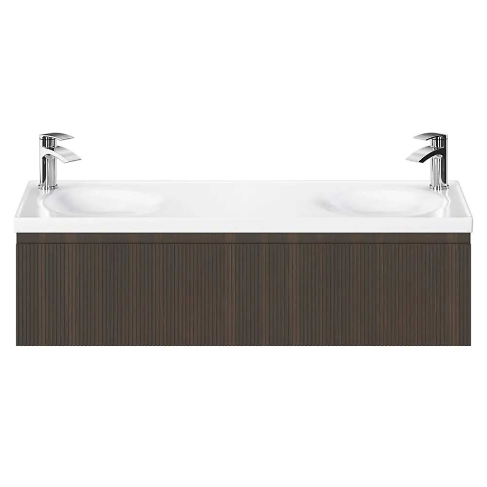 Plan Double Vasque|GoodHome Plan double vasque l.120 x P.45 cm en céramique avec plage de dépose au centre, blanc, Kentia