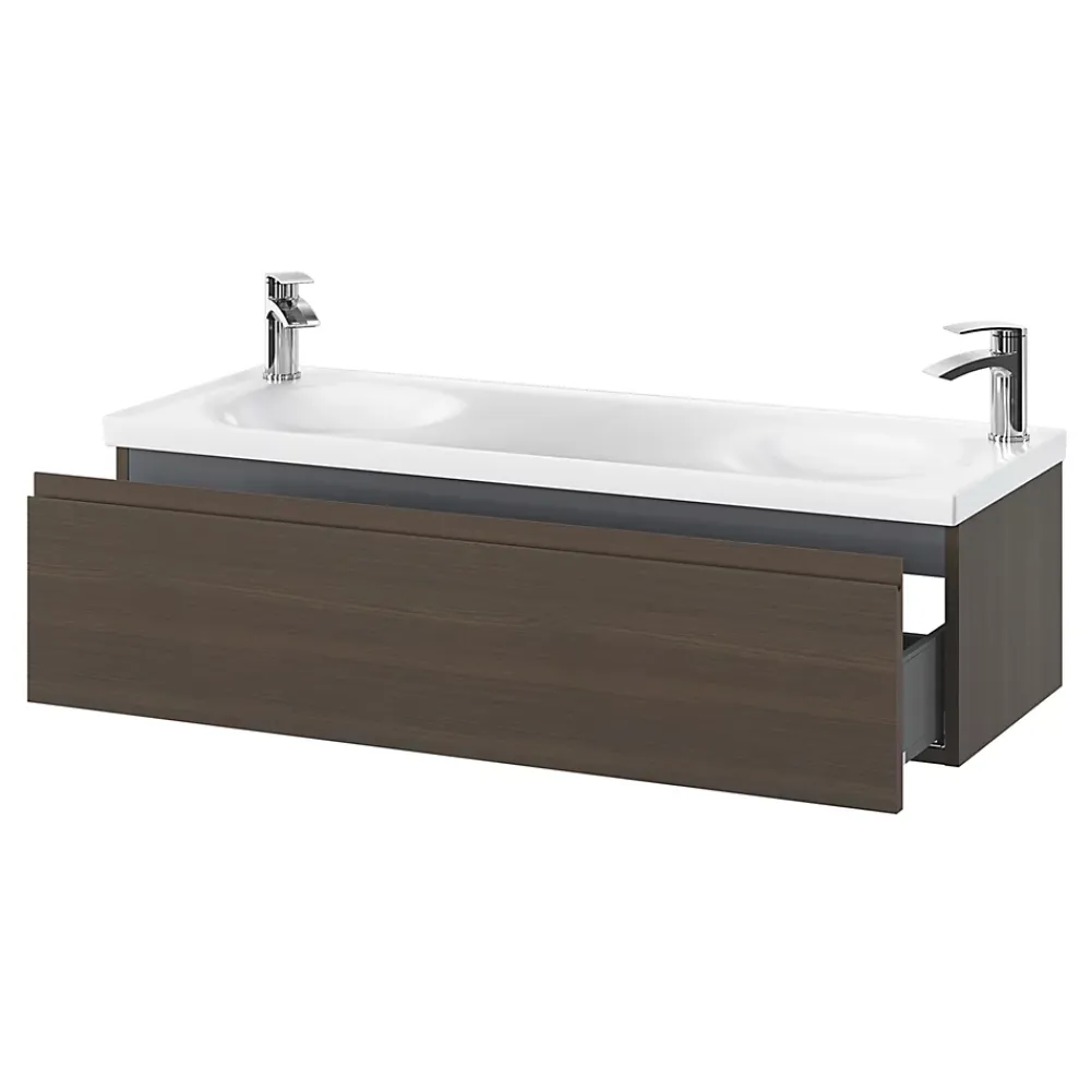 Plan Double Vasque|GoodHome Plan double vasque l.120 x P.45 cm en céramique avec plage de dépose au centre, blanc, Kentia