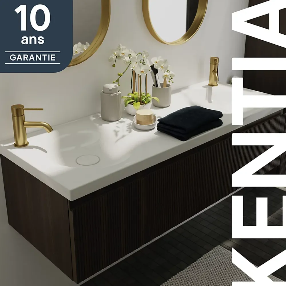 Plan Double Vasque|GoodHome Plan double vasque l.120 x P.45 cm en céramique avec plage de dépose au centre, blanc, Kentia