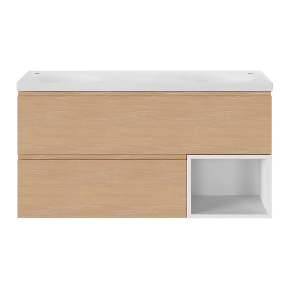 Plan Double Vasque|GoodHome Plan double vasque l.120 x P.45 cm en céramique avec plage de dépose au centre, blanc, Kentia