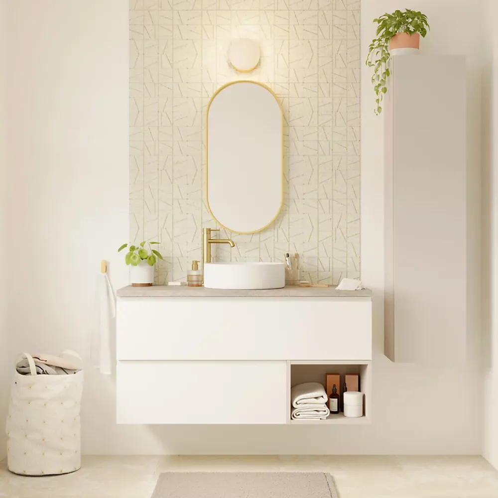 Plan Double Vasque|GoodHome Plan double vasque l.120 x P.45 cm en céramique avec plage de dépose au centre, blanc, Kentia