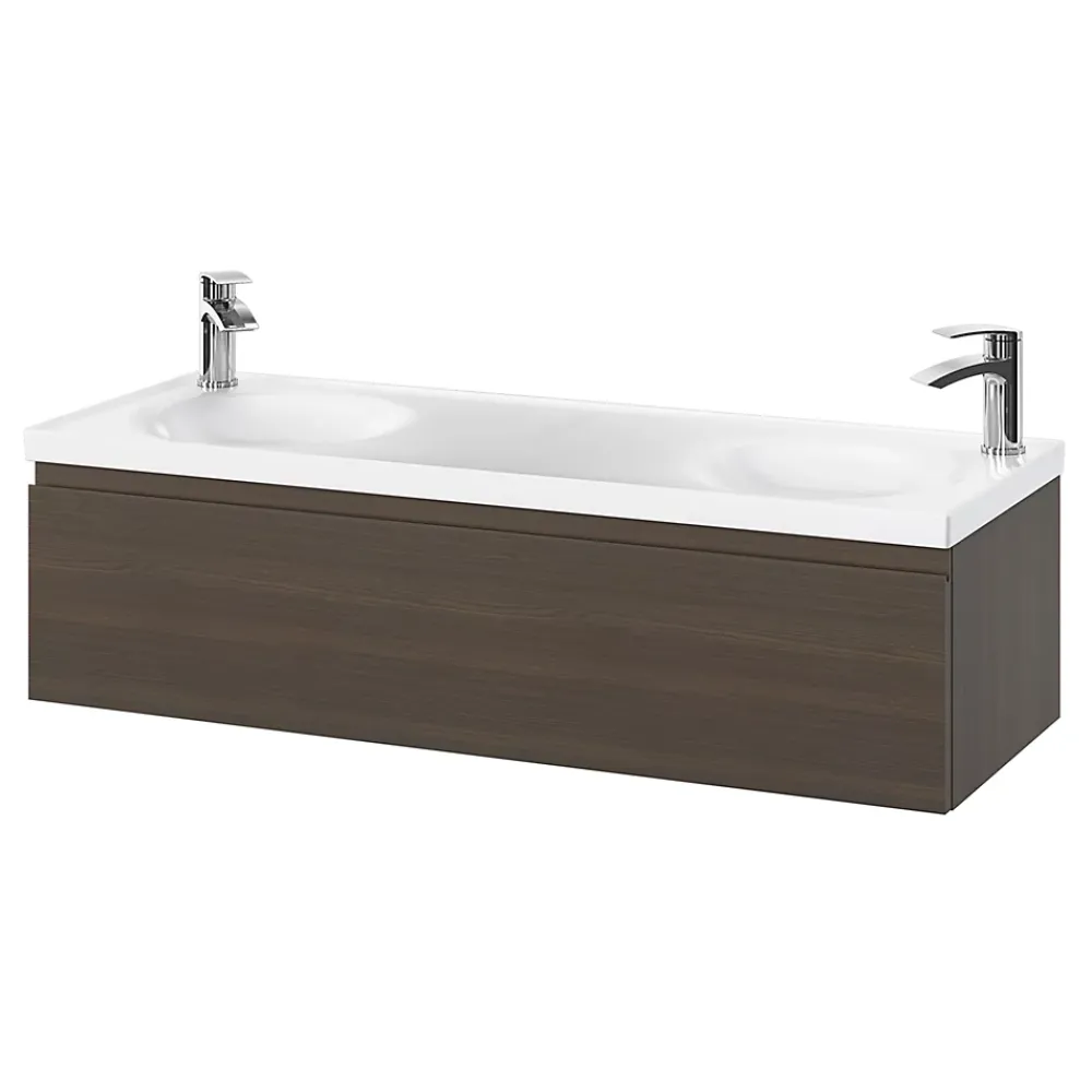 Plan Double Vasque|GoodHome Plan double vasque l.120 x P.45 cm en céramique avec plage de dépose au centre, blanc, Kentia