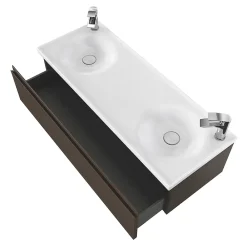 Plan Double Vasque|GoodHome Plan double vasque l.120 x P.45 cm en céramique avec plage de dépose au centre, blanc, Kentia