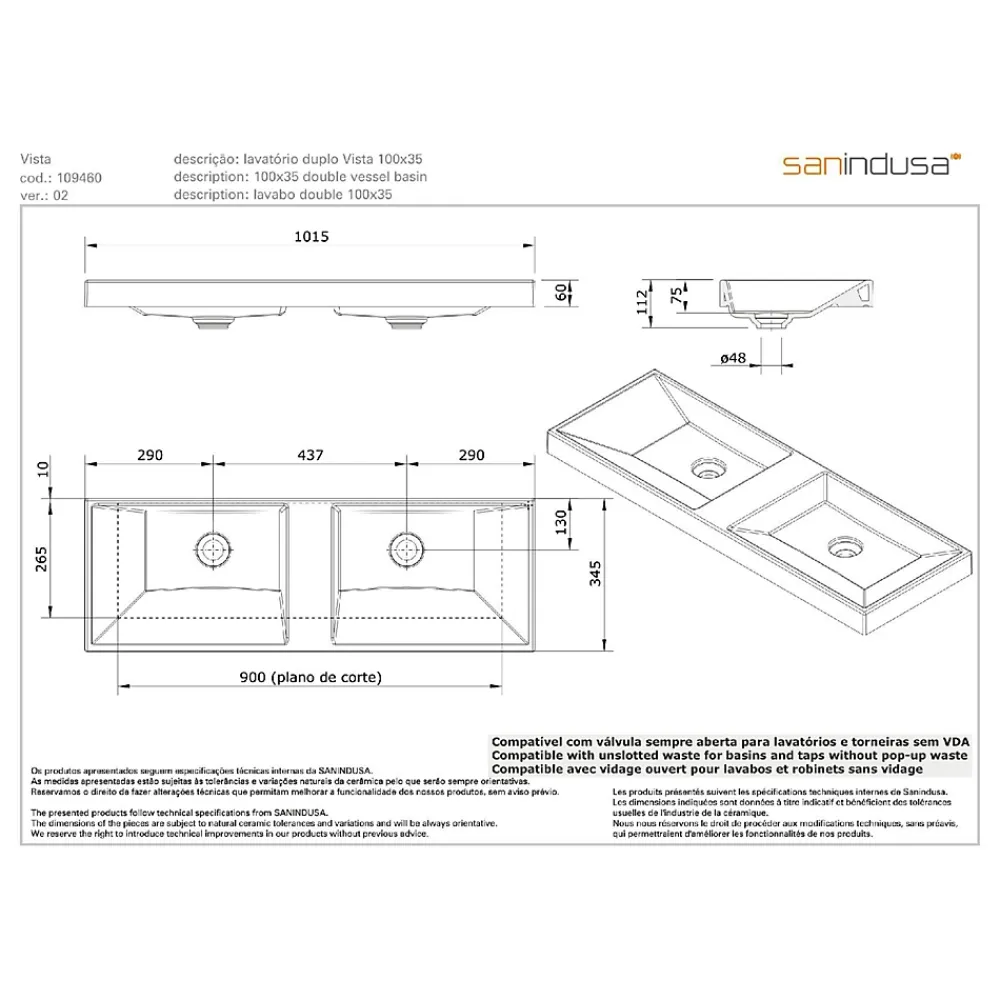 Sanindusa Plan double Vasque rectangulaire céramique traditionnelle 100x35 Vista blanc