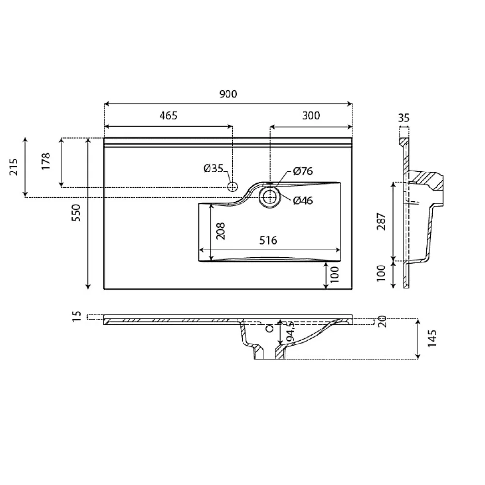 Plan Simple Vasque|Cuisibane Plan simple vasque déportée à droite RESILOGE - 90 cm