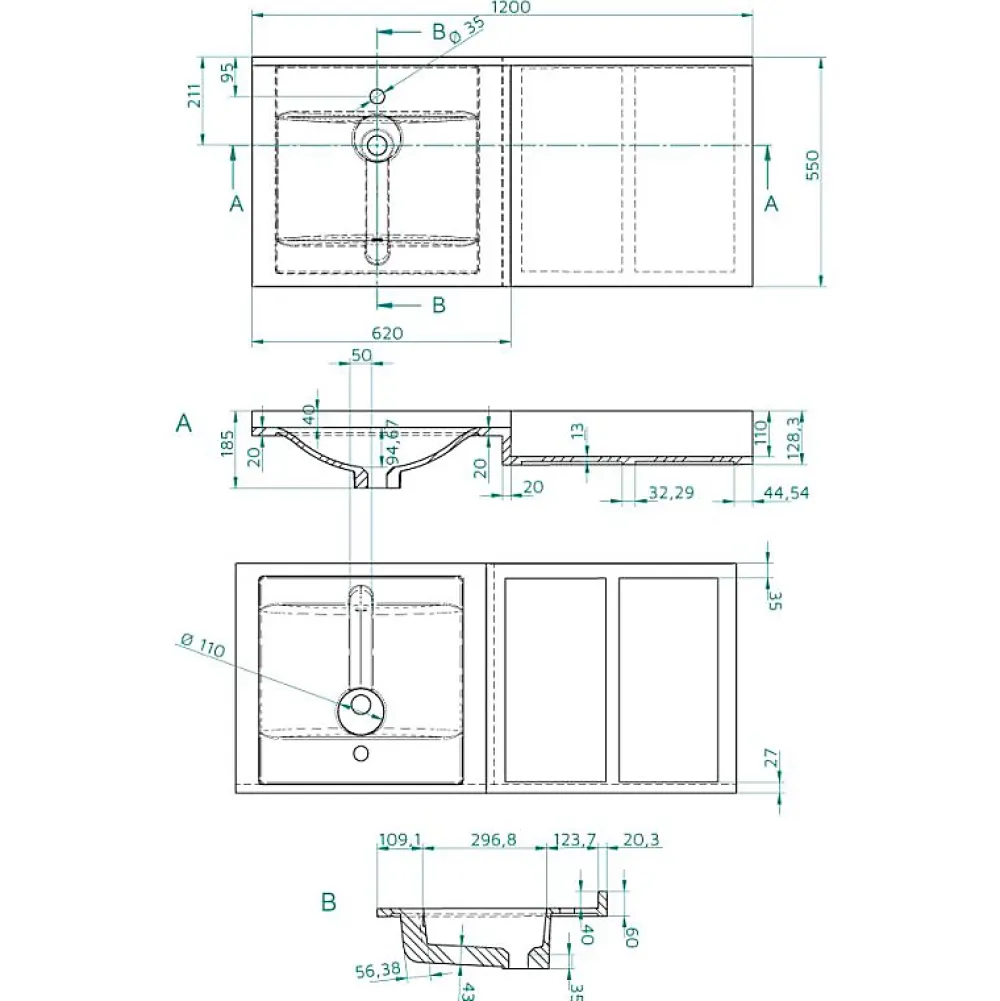 Plan Simple Vasque|Cuisibane Plan vasque 120 cm en résine 1 vasque décentrée - ATOLL