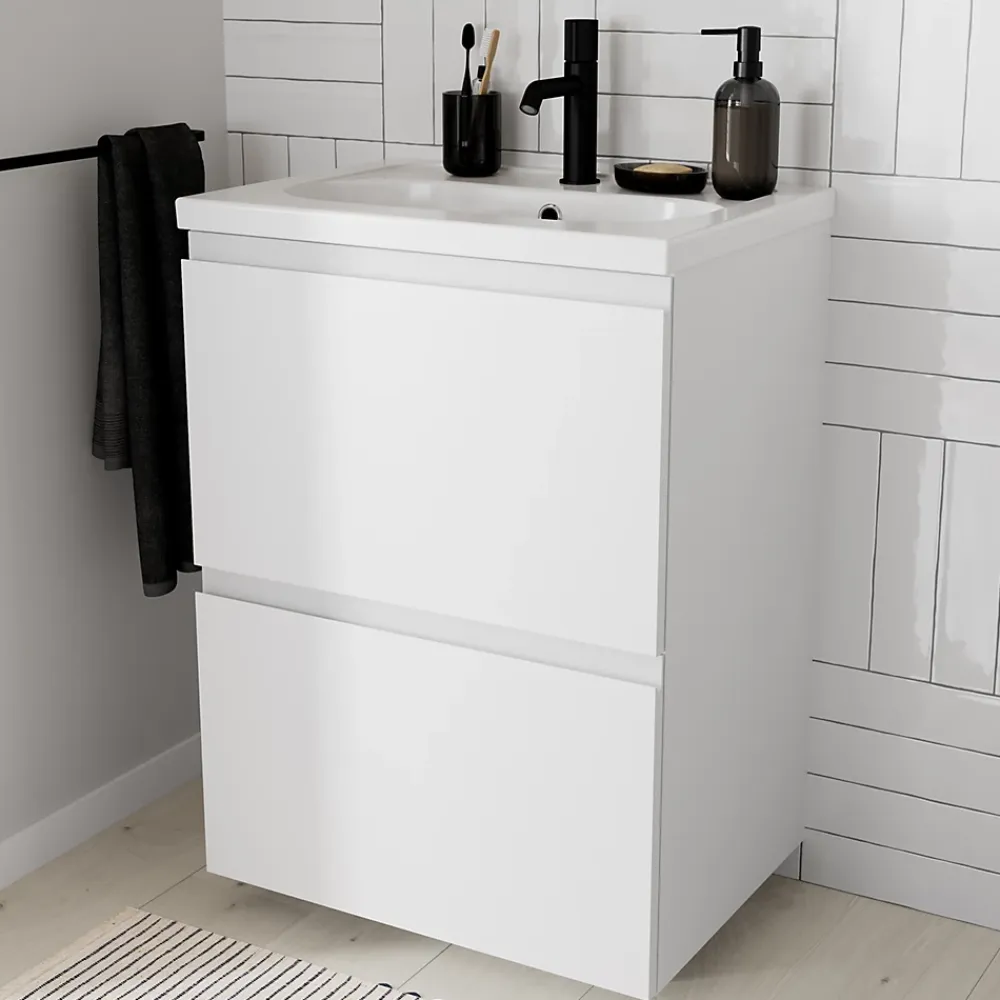 GoodHome Plan vasque l.60,6 x H.12,3 x P.45,2 cm, en céramique blanche, levanna