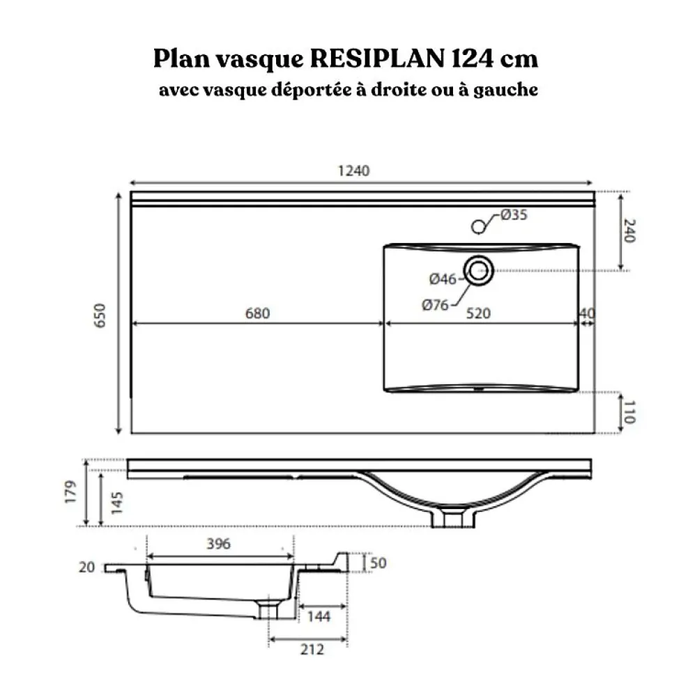 Plan Simple Vasque|Cuisibane Plan vasque RESIPLAN - 124 cm avec vasque déportée à droite