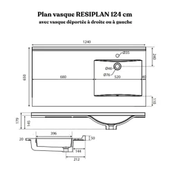 Cuisibane Plan vasque RESIPLAN - 124 cm avec vasque déportée à gauche