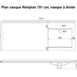 Plan Simple Vasque|Cuisibane Plan vasque RESIPLAN - 151 cm avec vasque déportée à droite
