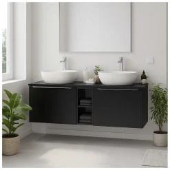 Plan Double Vasque|Meublorama Plan vasque VANTA 140 cm noir Plateau grande largeur pour meuble sous vasque