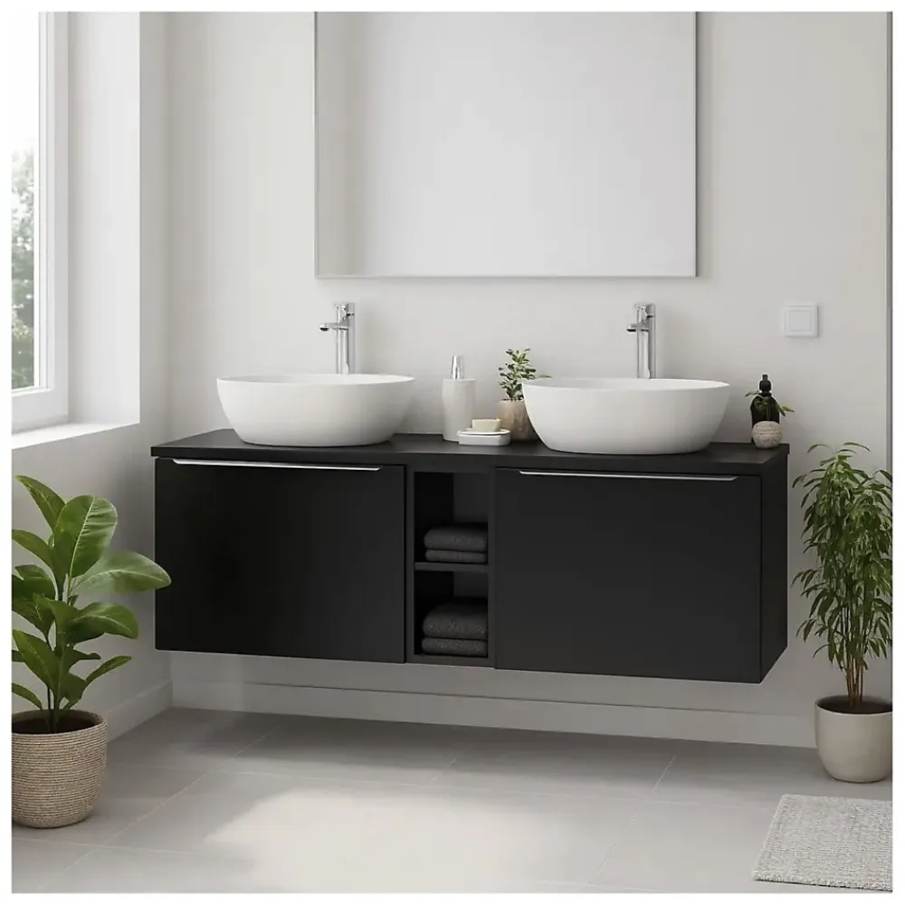 Plan Double Vasque|Meublorama Plan vasque VANTA 140 cm noir Plateau grande largeur pour meuble sous vasque