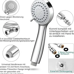 Deko Pommeau de douche économie d'eau à 3 types de jet haute pression avec tuyau de 1,5 m et ruban téflon