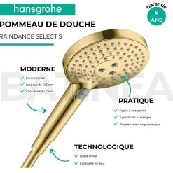 Hansgrohe Pommeau de douche Raindance Select S EcoSmart 120 3 jets + flexible 1,60 m Isiflex aspect doré poli